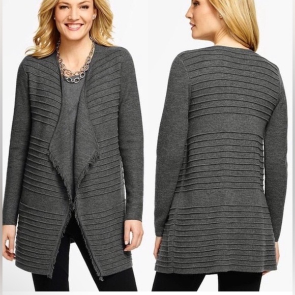 Talbots Merino Wool Cardigan Sz 1XP Petite Gray Long Sleeve Fringe Waffle Knit - Picture 1 of 9